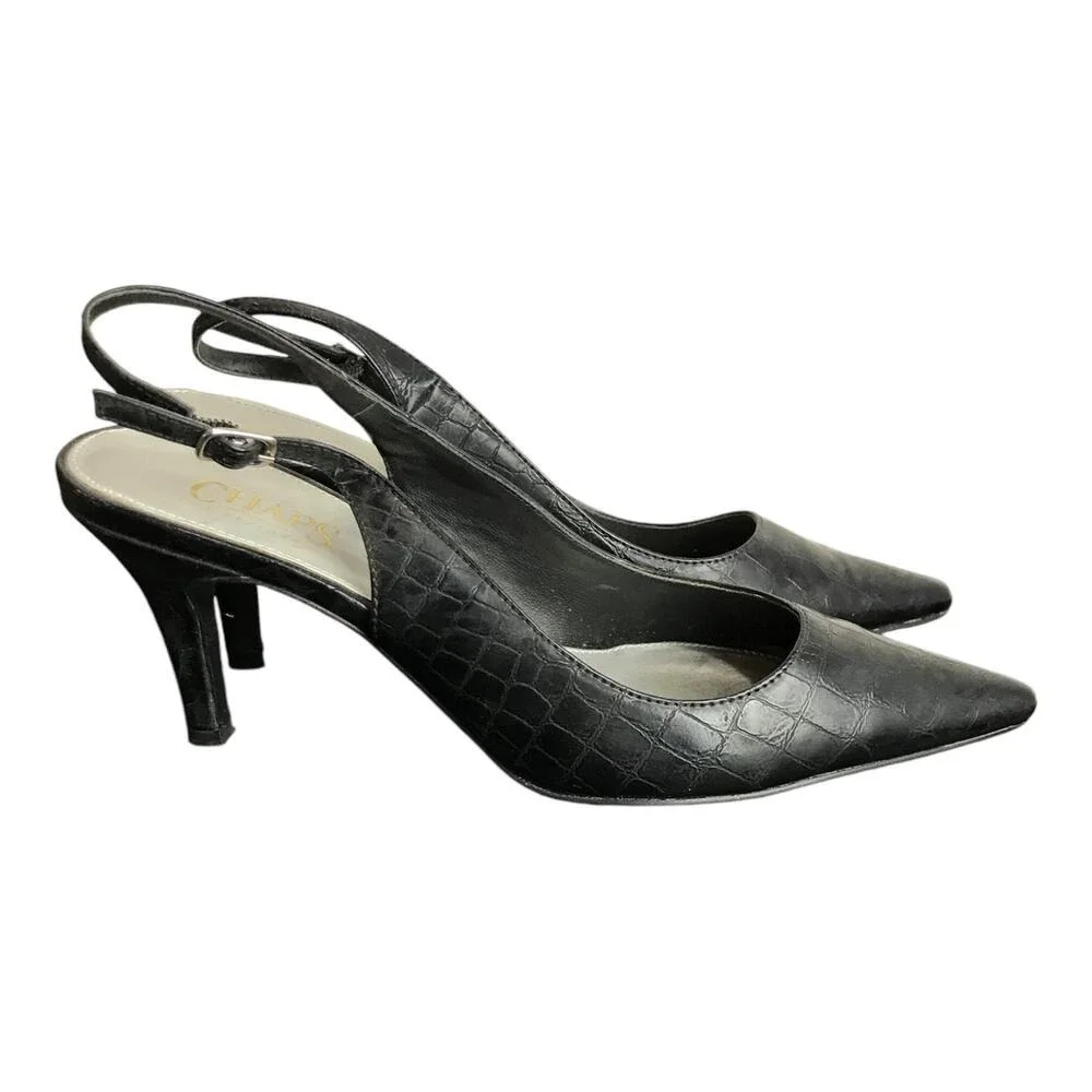 Chaps‎ Slingback Pumps Women 9.5 Black Croc Embossed Leather Pointed Toe Classic